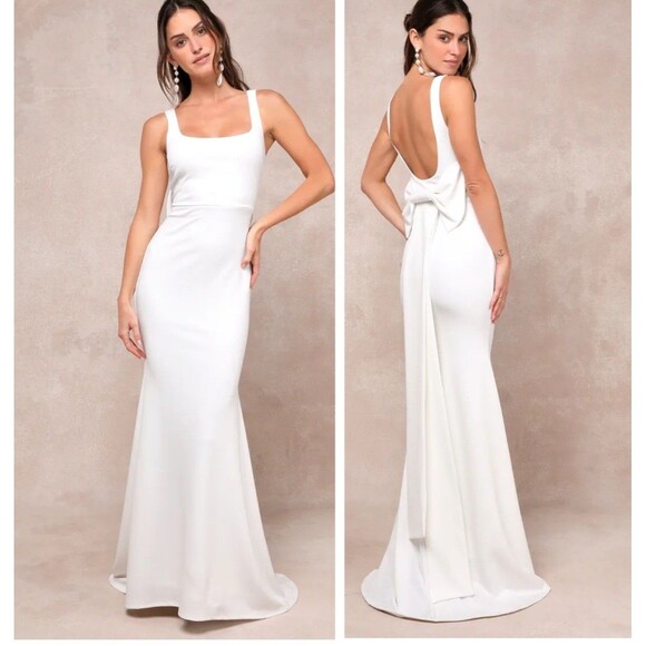 Lulus Loving Fate White Bow Square Neck Backless Maxi Dress Size Medium Bridal - Picture 1 of 10